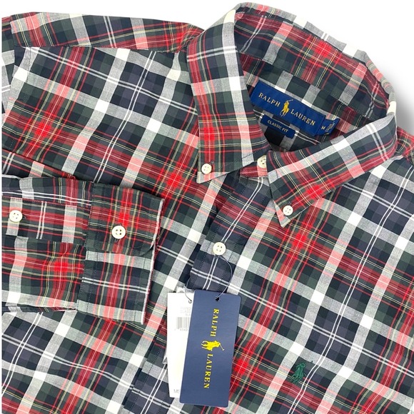 NEW RALPH LAUREN Classic Fit Mens Long Sleeve Button Shirt Medium Plaid Cotton - Picture 1 of 10